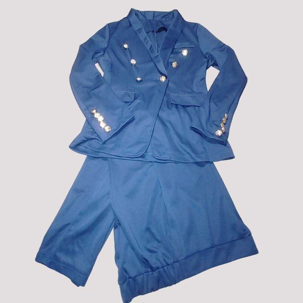 Vintage Womens Blue Double Breasted Blazer Suit Set Elastic